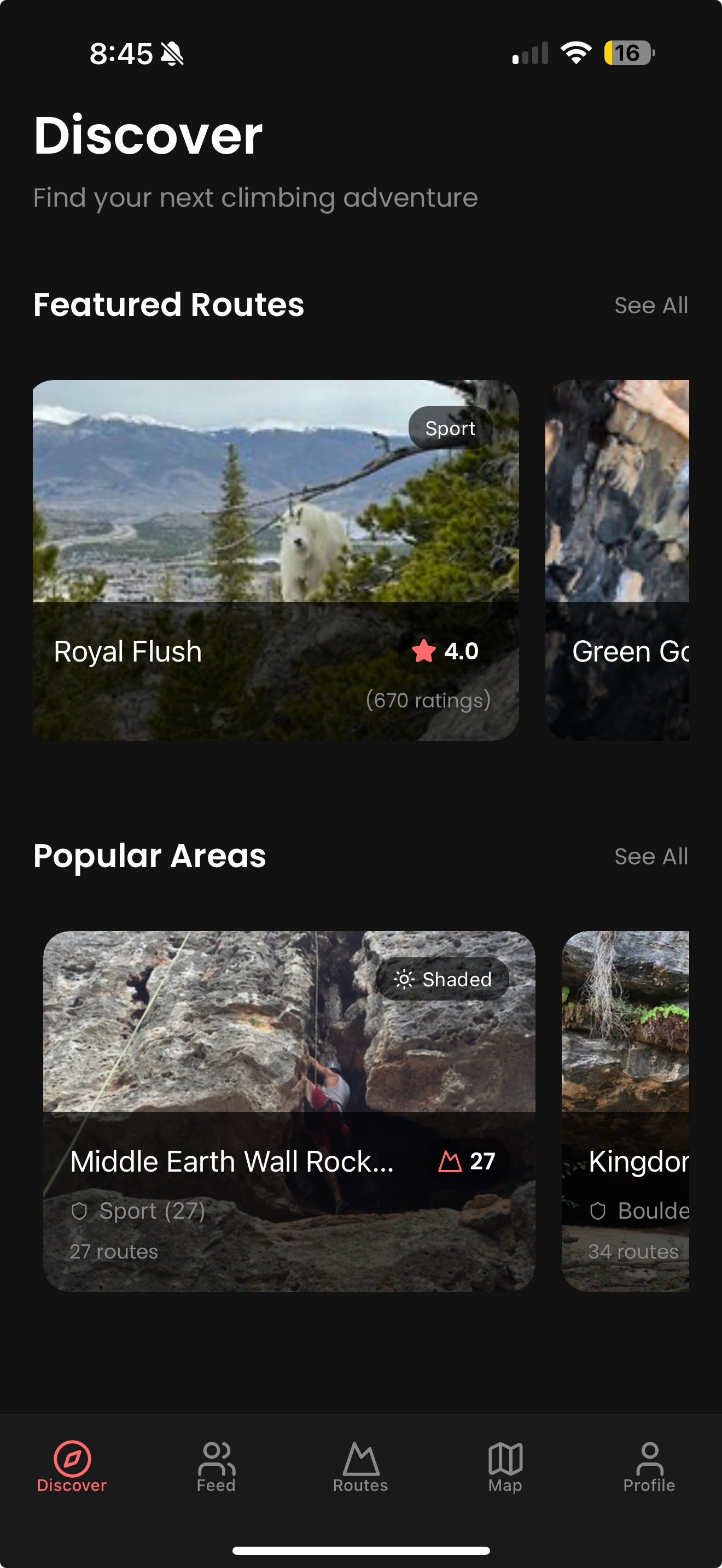 RouteSeeker climbing app interface showing the partner finder feature